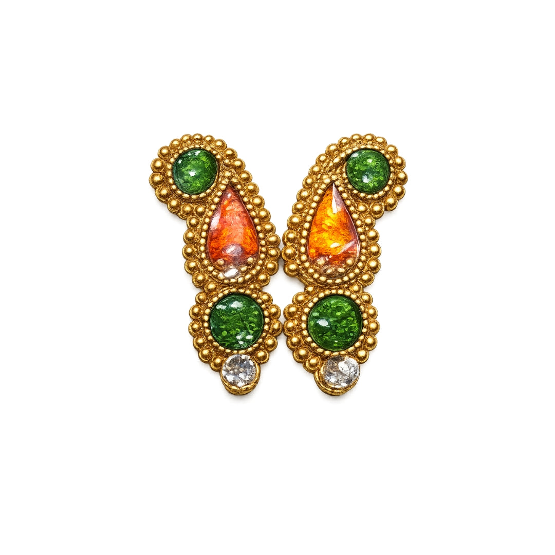 Handcrafted Jarkan Stone Green Orange Earrings for Laddu Gopal (Size 0-6)
