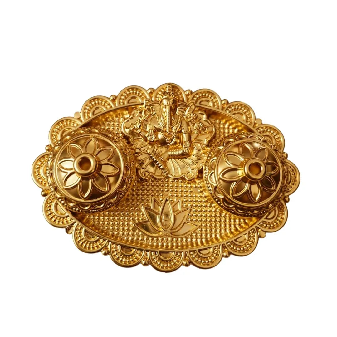 Ganesh and Lotus Printed Plastic Gold Finish Haldi Kumkum Container Set