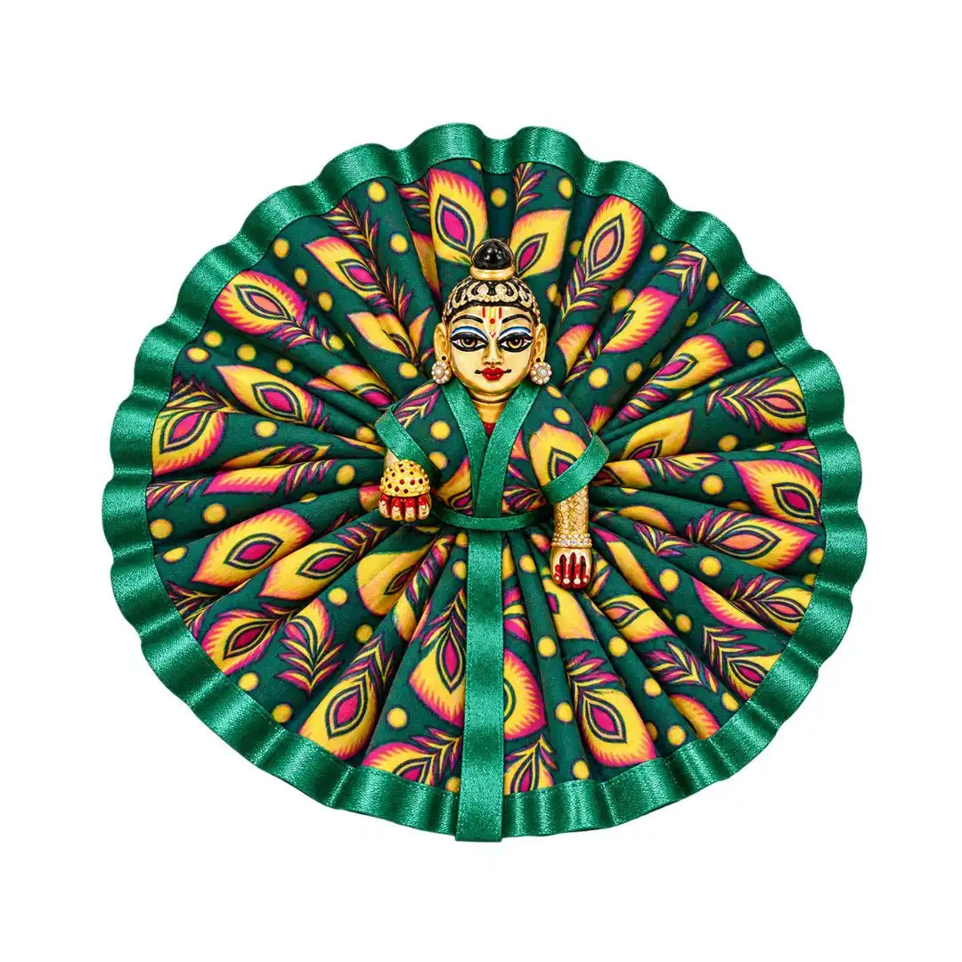 Handcrafted Peacock Feather Print Green Silk Dress for Laddu Gopal