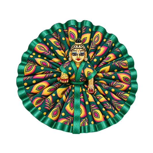 Handcrafted Peacock Feather Print Green Silk Dress for Laddu Gopal