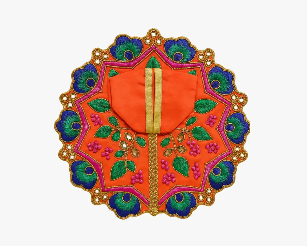 Peacock Feather Design Orange Dress for Thakur ji Lordkart