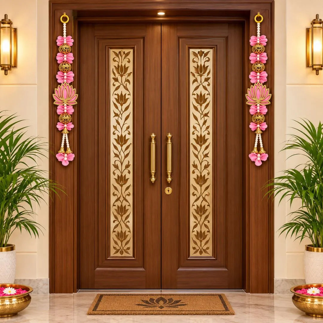 Elegant Pink Artificial Flower & Lotus Diwali Door Latkan Pair with Decorative Beads
