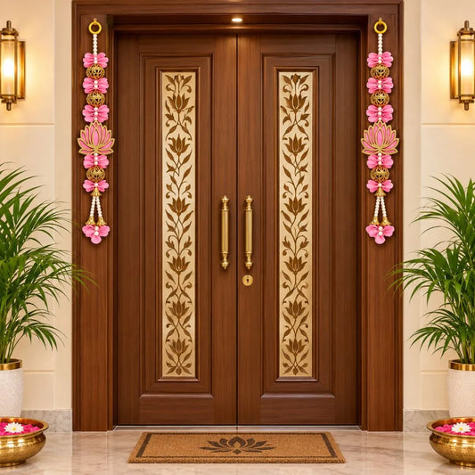 Elegant Pink Artificial Flower & Lotus Diwali Door Latkan Pair with Decorative Beads