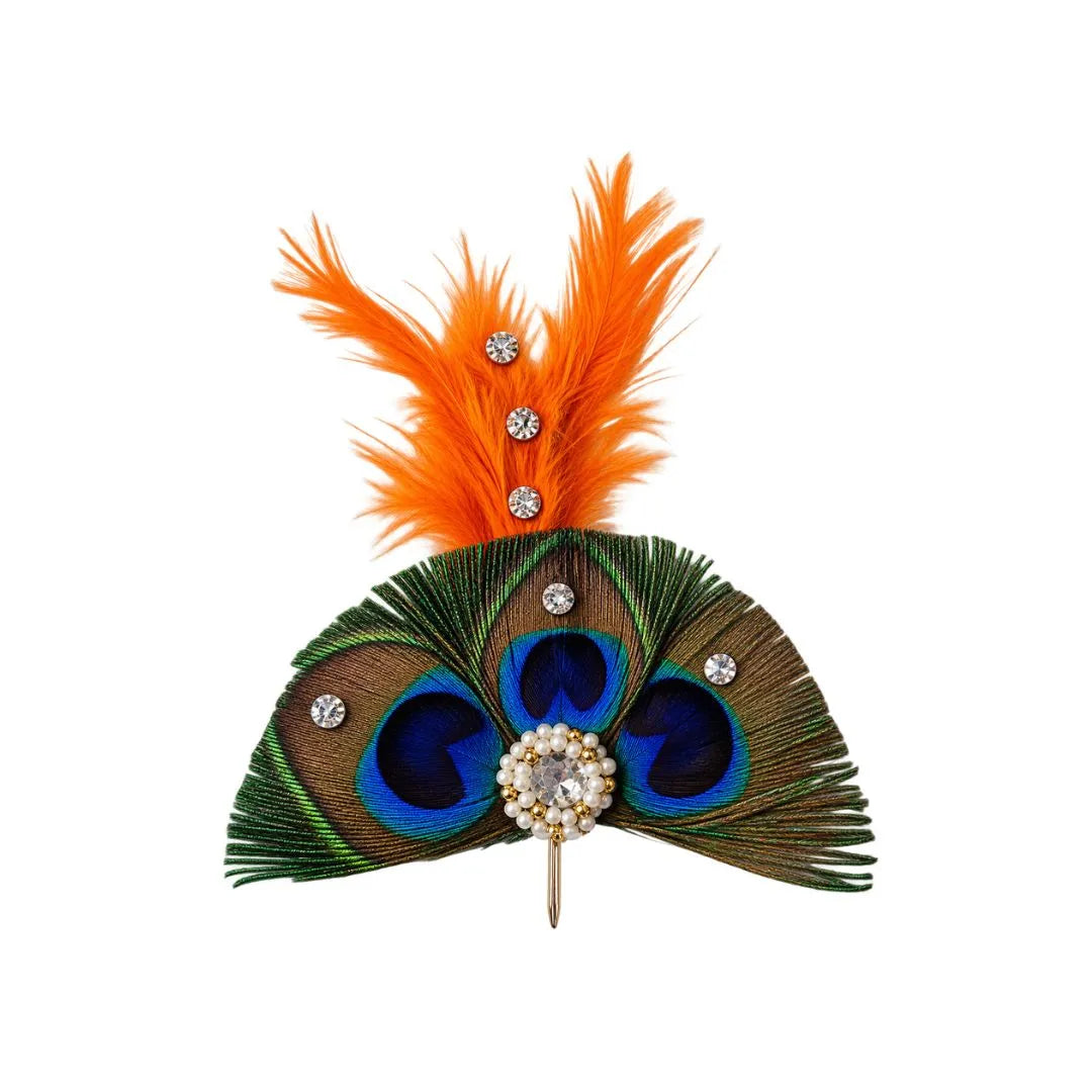 Vibrant Peacock Feather Kalangi with Orange Plume & Stone Studs for Laddu Gopal
