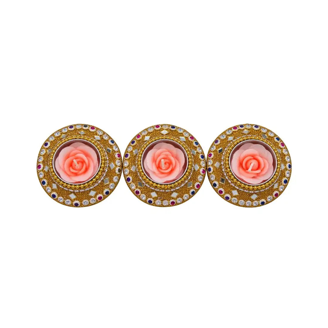 Handcrafted Gold Glitter Rose Scented Floating Candles – Set of 3