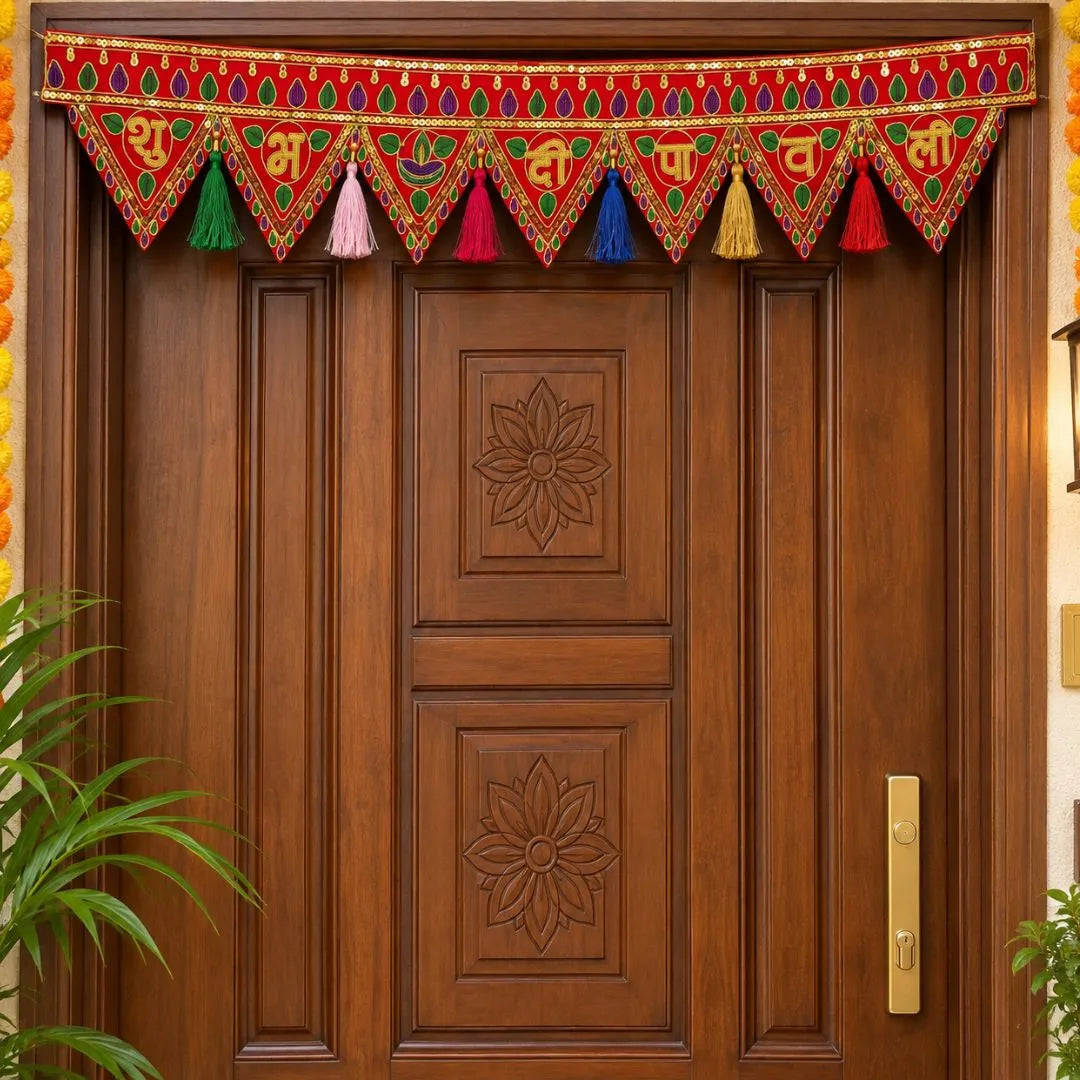Handcrafted Shubh Deepawali Embroidered Red Door Toran with Colorful Tassels