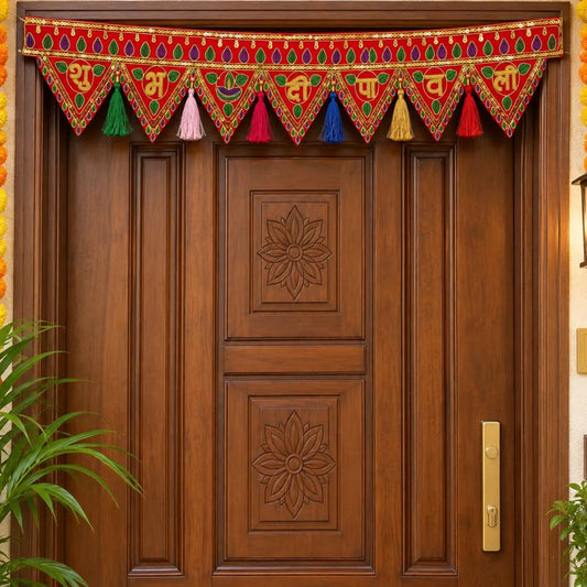 Handcrafted Shubh Deepawali Embroidered Red Door Toran with Colorful Tassels