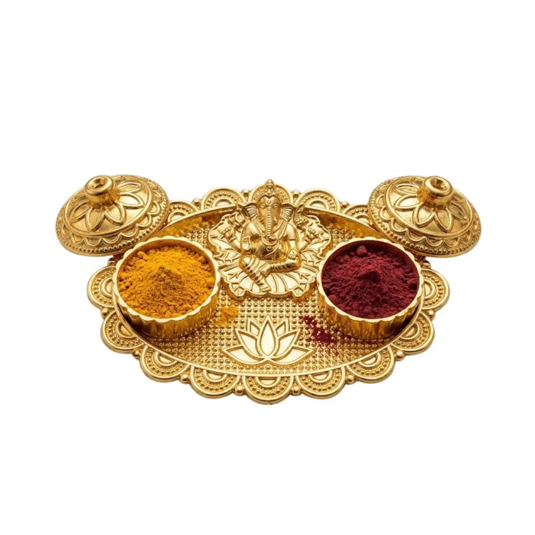 Ganesh and Lotus Printed Plastic Gold Finish Haldi Kumkum Container Set