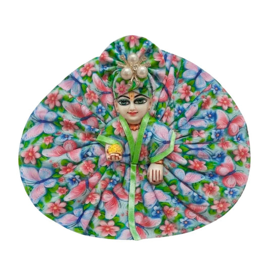 Multicolor Butterfly & Floral Print Cotton Dress with Matching Bead Mukut for Laddu Gopal