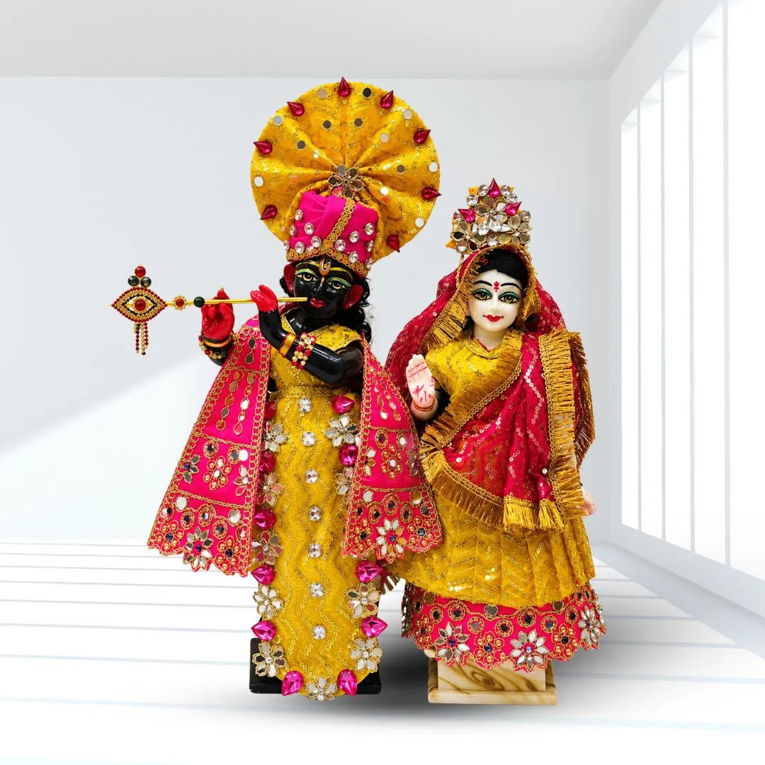 Premium Yellow & Pink Radha Krishna Dress with Designer Pagadi, Mukut