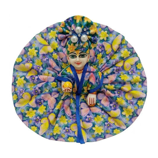 Floral Butterfly Print Blue & Yellow Cotton Dress with Beads Decorated Mukut for Laddu Gopal