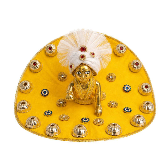 Fancy Yellow Golden Laddu Gopal Heavy Dress with White Pagdi (Size 1,2,3,4,5,6)