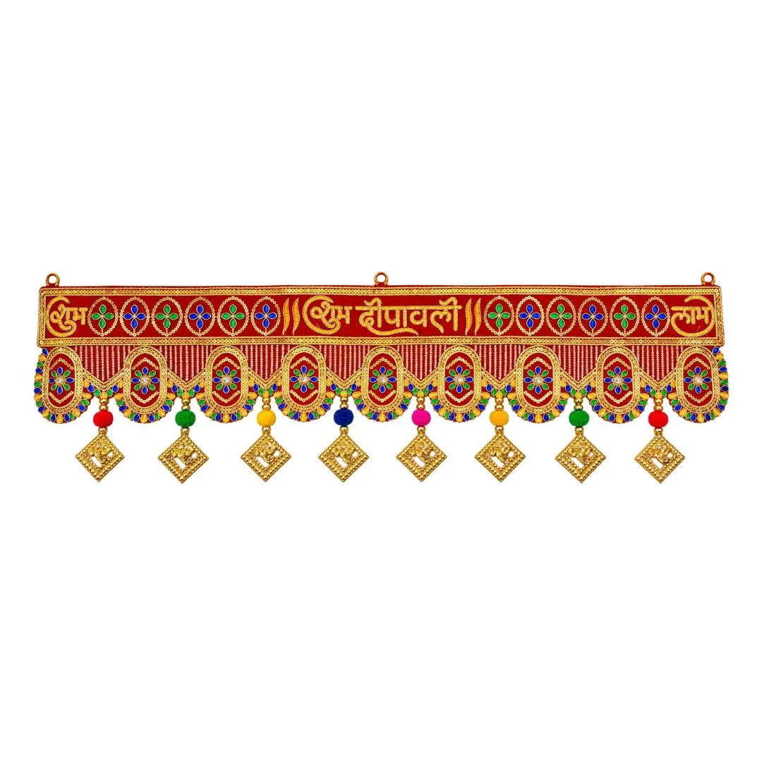 Handcrafted Royal Red Shubh Deepawali Door Toran with Ganesh ji Dangles