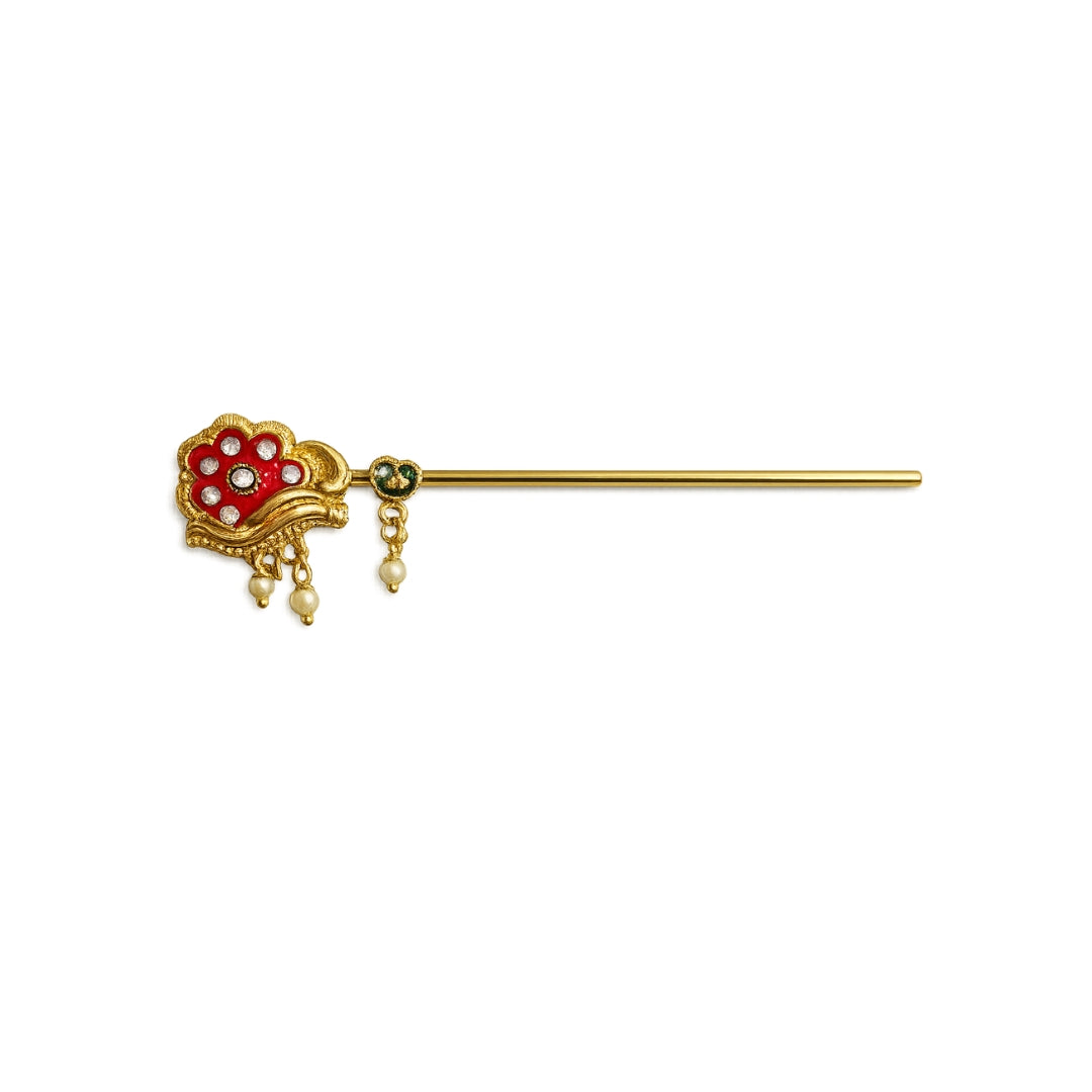 Designer Red Color Jarkan Coated with Beads Bansuri for Laddu Gopal