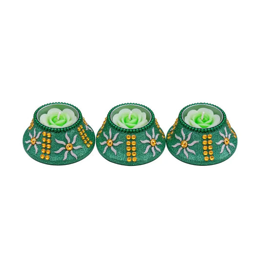Handcrafted Green Scented Floating Candles with Embellished Holders - Set of 3