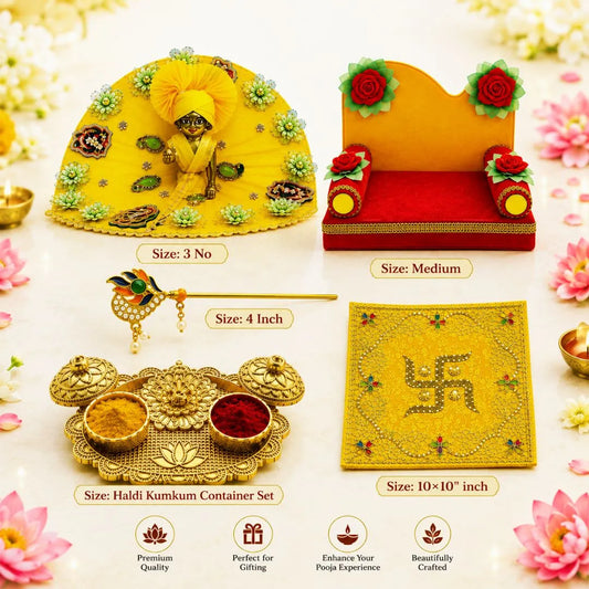 Laddu Gopal Pooja Combo Set with Dress, Singhasan, Aasan, Container Set & Bansuri