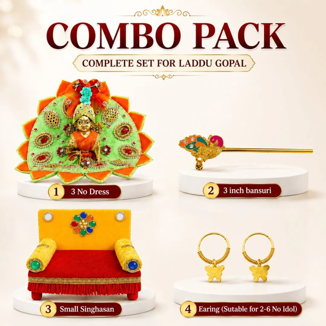 Laddu Gopal Pooja Combo Set with 3 Dresses, Bansuri, Singhasan & Earrings