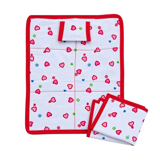 Soft Cotton Red Border Heart Print Bed Sheet Set with Pillow & Chadar for Laddu Gopal (6x8 Inch)