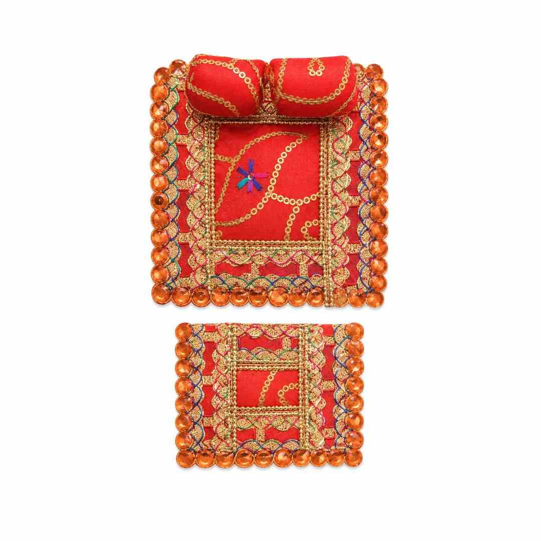 Laddu Gopal Red Designer Bistar Set with Pillow and Chadar