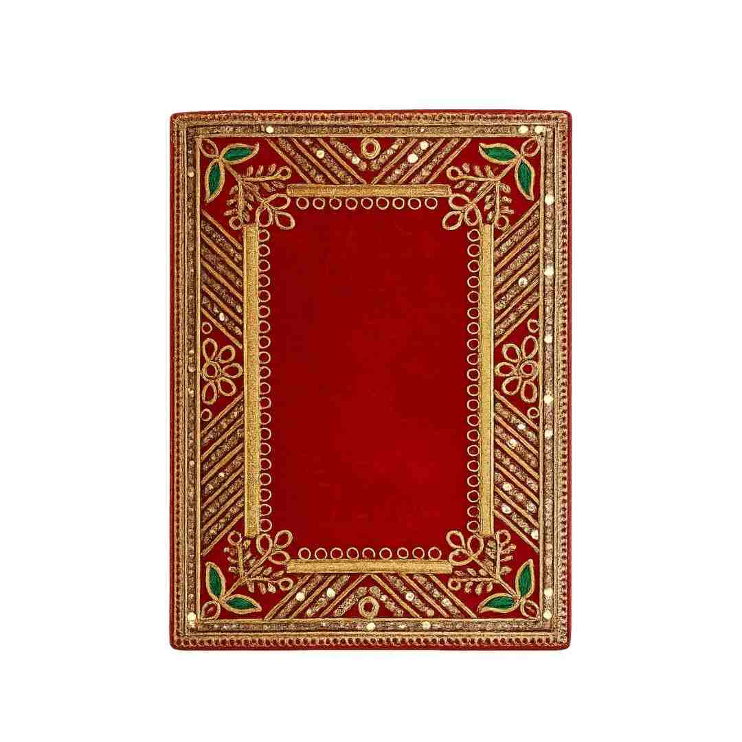 Red Velvet Puja Aasan with Golden Embroidery and Decorative Border