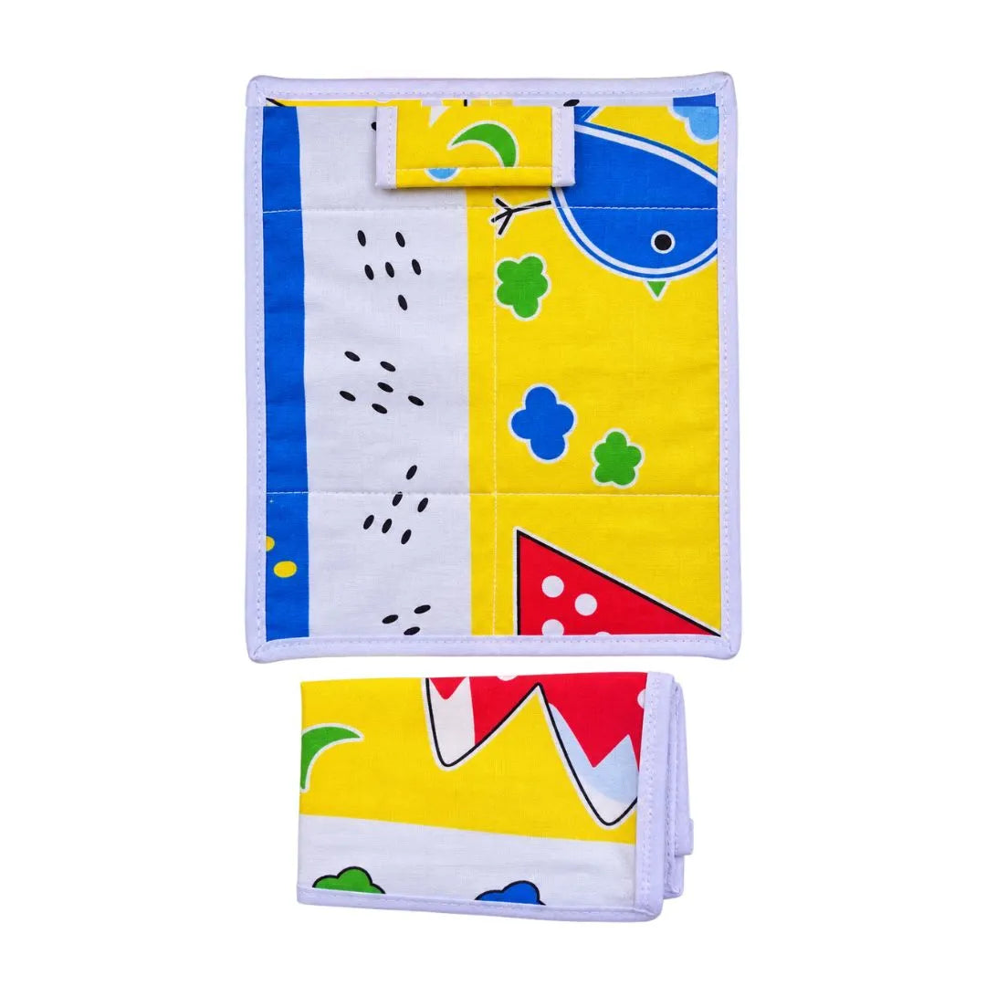 Cotton Yellow & Blue Cartoon Print Bedsheet with Pillow & Chadar for Thakur Ji (6×8 Inch)