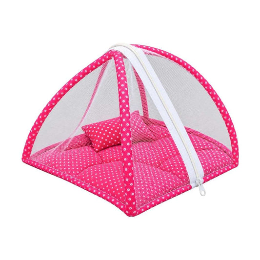 Premium Soft Cotton Red Dotted Mosquito Net Bed with Matching Pillow for Kanha Ji