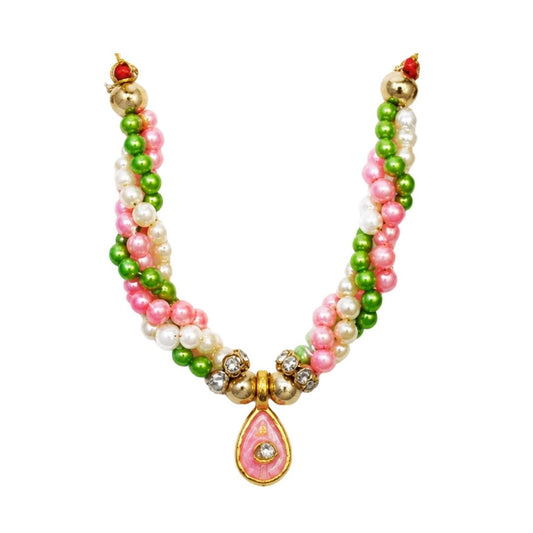 Beautiful Green/Pink Color Beads with Jarkan Coated Bal Gopal Mala for Shringar - Lordkart
