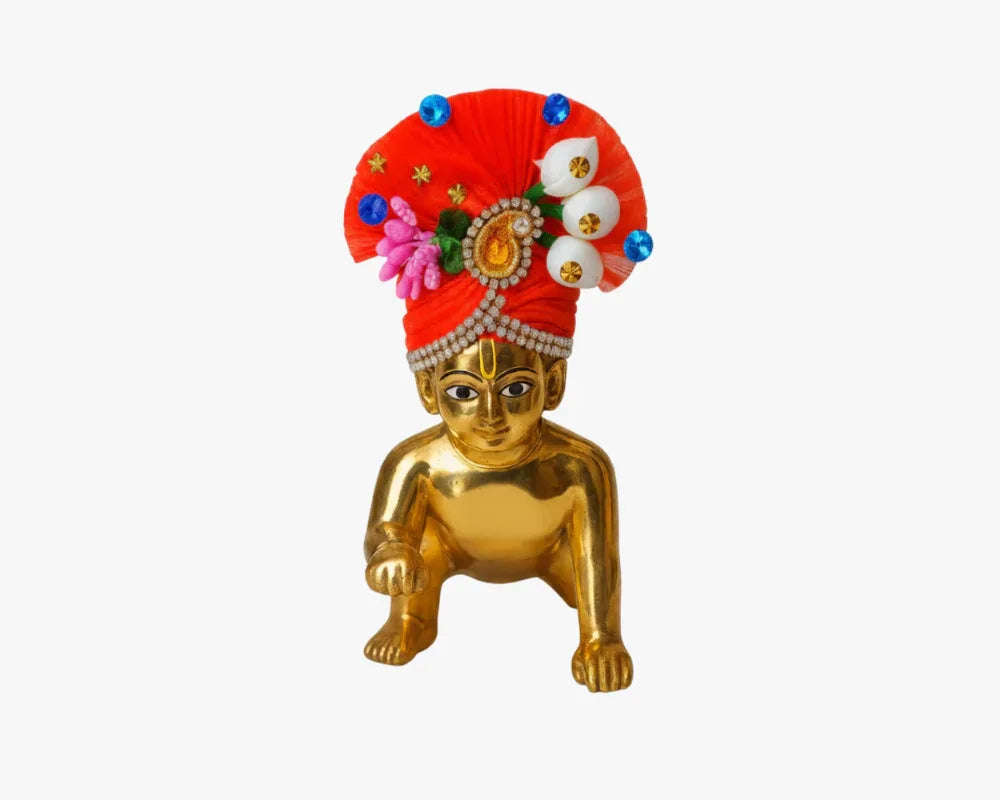 Designer Flower Work Red Turban for Gopal Ji Idol - Lordkart