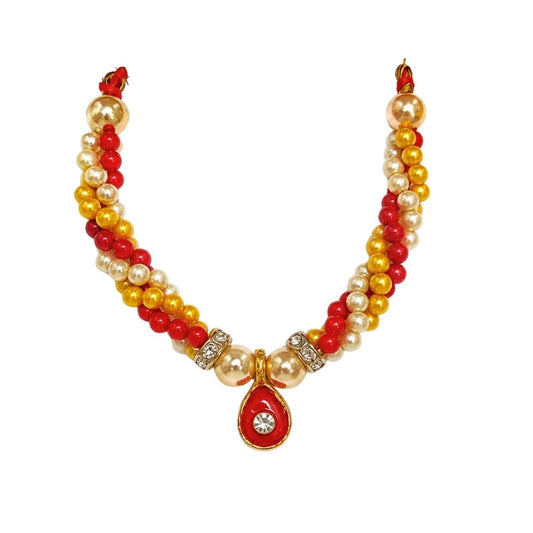 Designer Red Yellow Color Beads with Jarkan Coated Bal Gopal Mala for Shringar - Lordkart