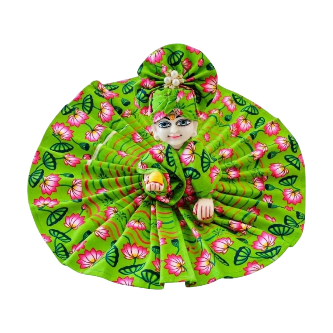 Handcrafted Green Lotus Print Cotton Laddu Gopal Dress with Matching Pagdi