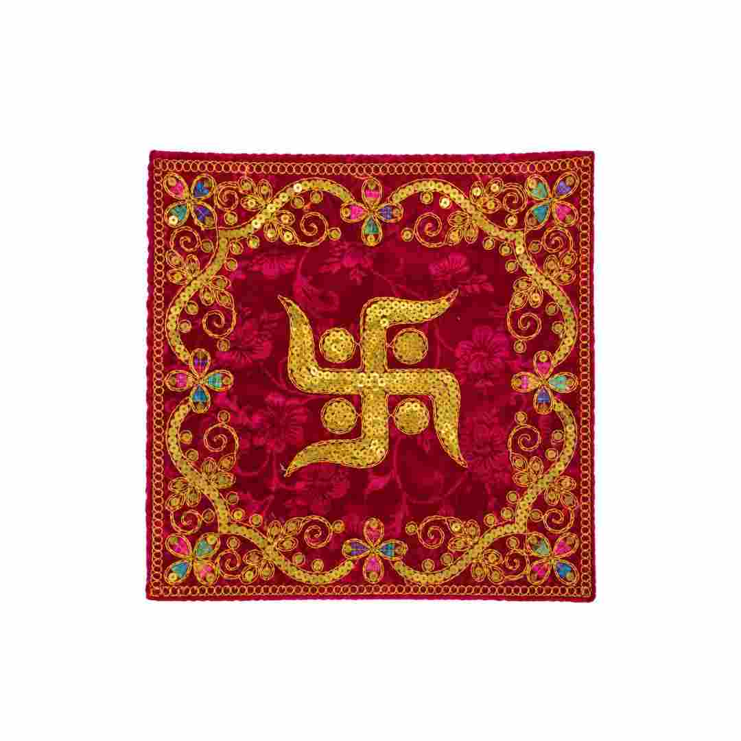 Decorative Red Velvet Puja Aasan with Golden Swastik Embroidery Work