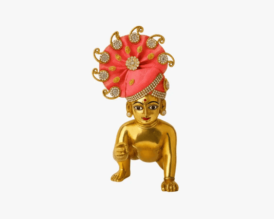 Red Color Jarkan Decorated Mukut for Laddu Gopal - Lordkart