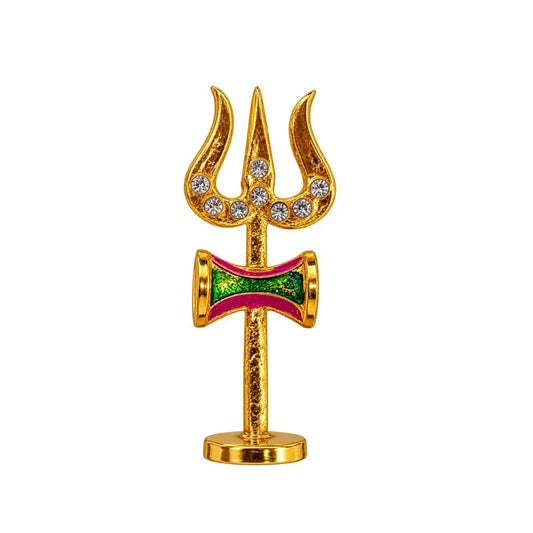 Premium 2 inch Green and Purple, Stone Studded Gold-Plated Metal Shiv Trishul with Damru