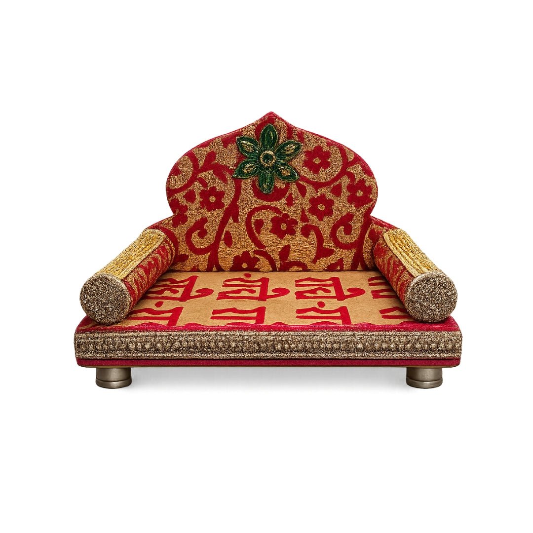 Traditional Red Color Radhey Printed Singhasan for Laddu Gopal - Lordkart