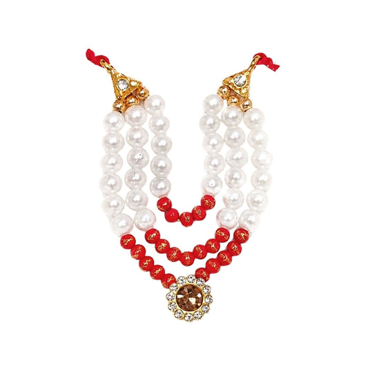 Traditional White Pink Beads and Jarkan Stone Laddu Gopal Mala for Shringar - Lordkart